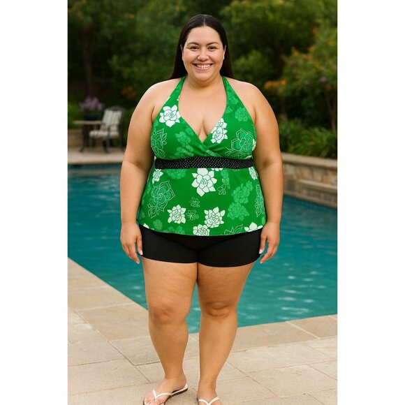 Mossimo Halter Tankini Swim Top Plus Size 26W Green Floral & Polka Dot Accents - Picture 7 of 7